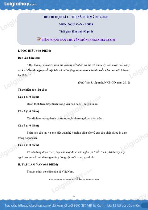 Giải đề thi kì 1 môn Văn lớp 8 năm 2019 - 2020 Thị xã Phú Mỹ